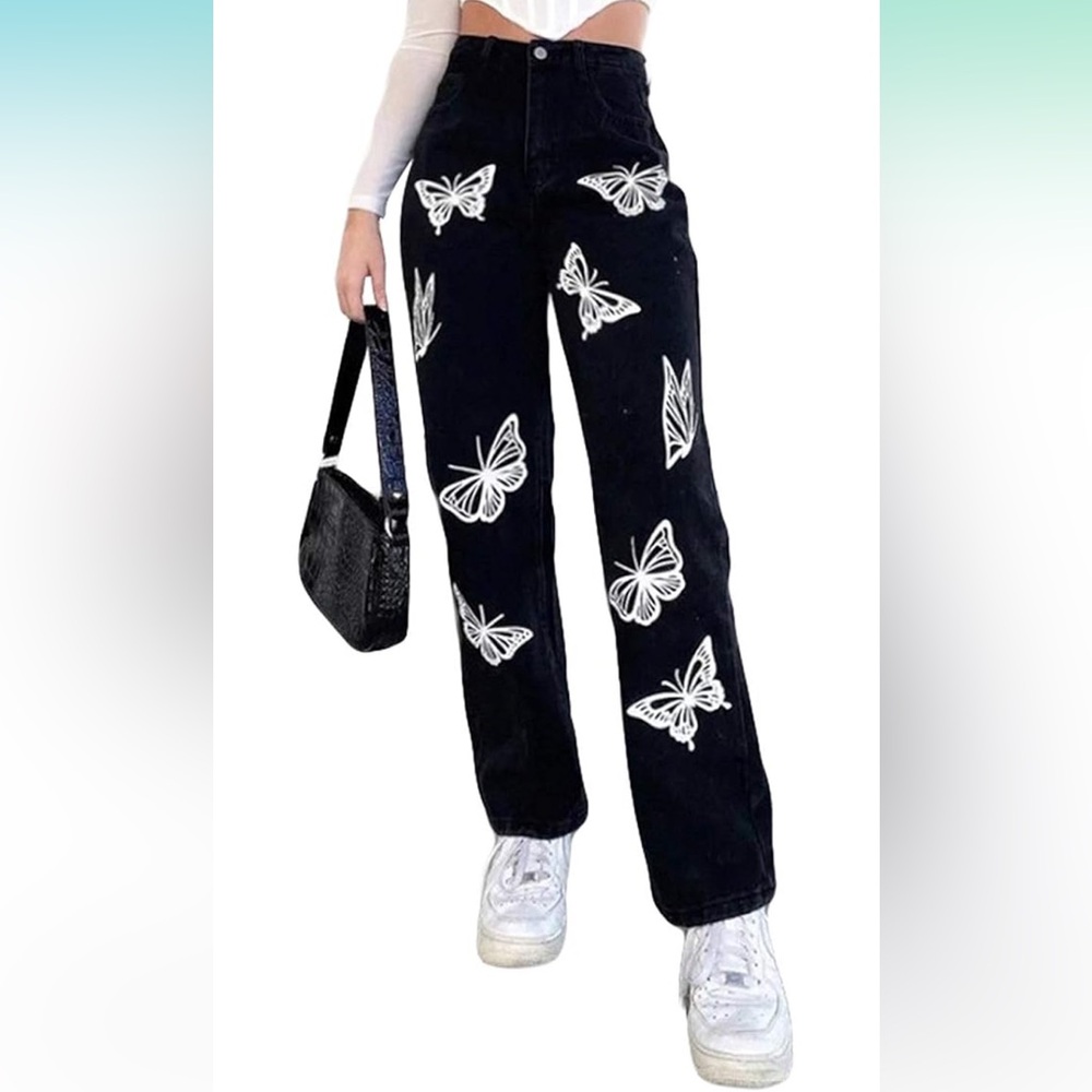 Black Pants with White Butterfly Design
